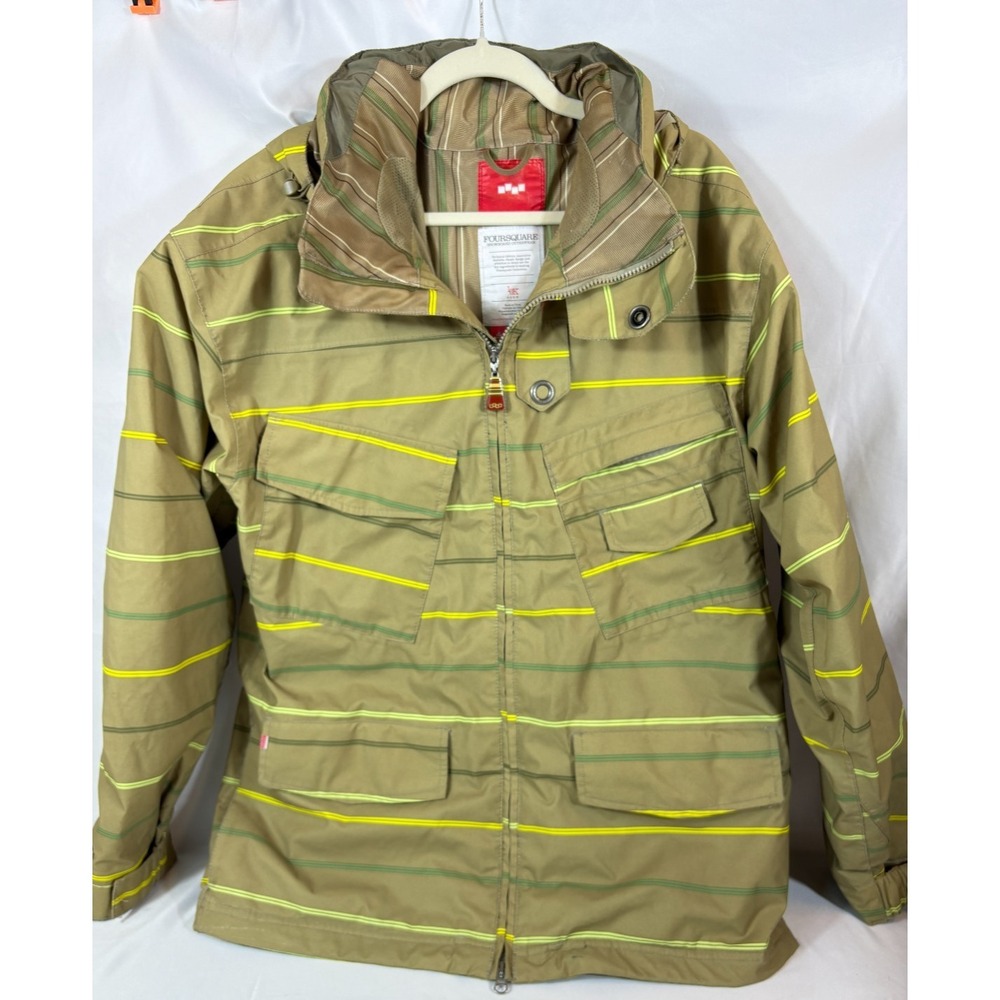 FOURSQUARE SNOWBOARD Mens Green Stripe sz M Hooded Parka Insulated Jacket